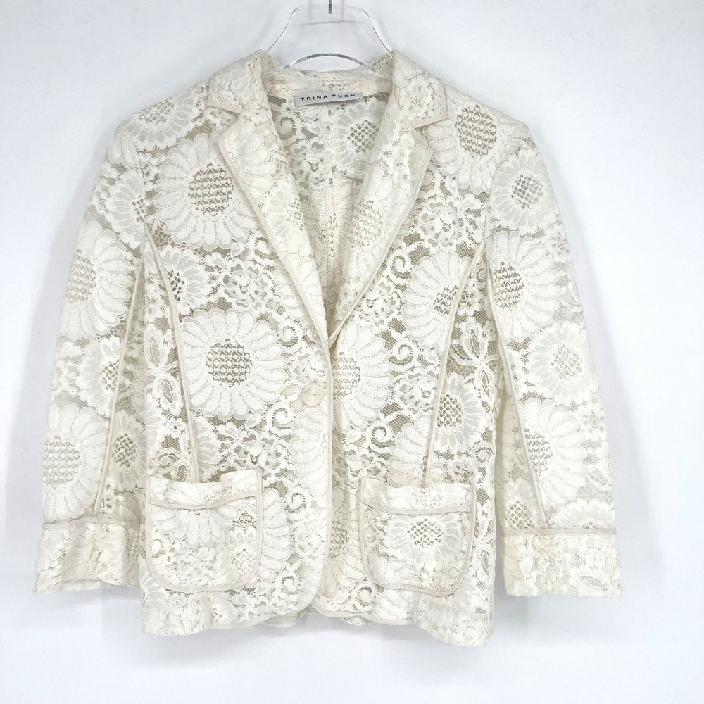 Trina Turk Blazer Womens Small Ivory White Lace Floral‎ Sheer Elegant Chic
